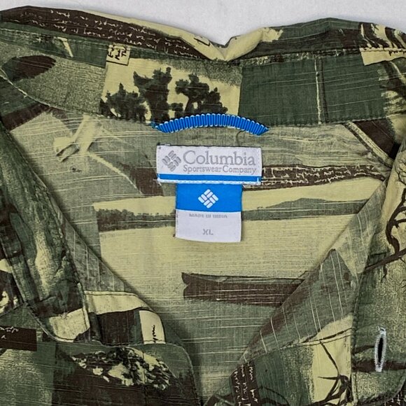 Columbia Short Sleeve Button Front Camo Patch Nature Print Shirt Green Brown XL - Picture 12 of 13
